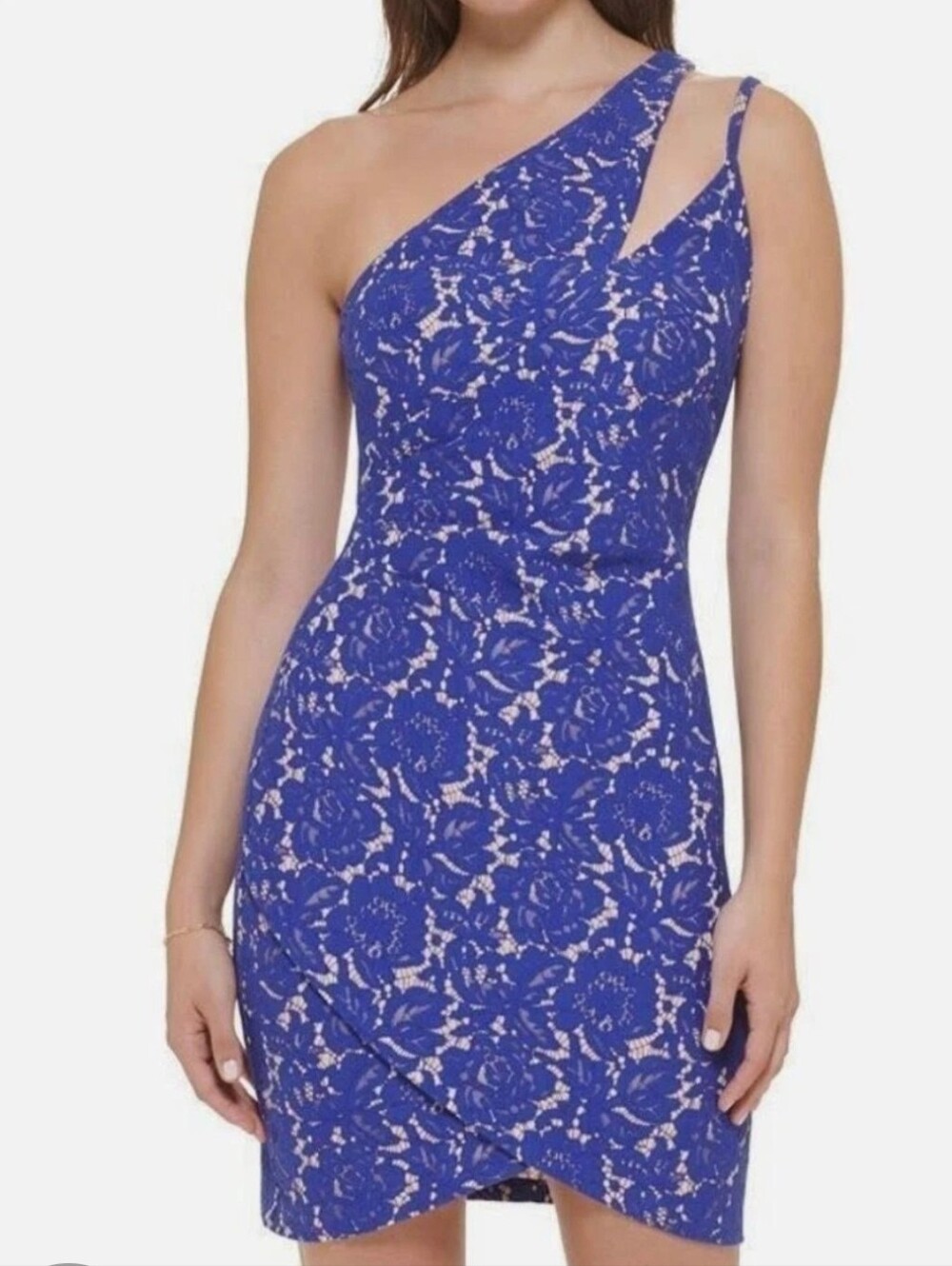 Guess One-Shoulder Navy Dress with Nude Lace Overlay